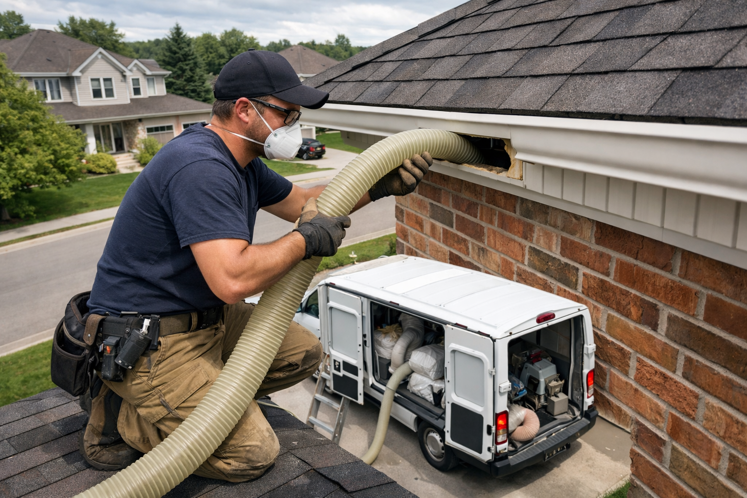 Blown-in cellulose insulation being installed in a Toronto attic