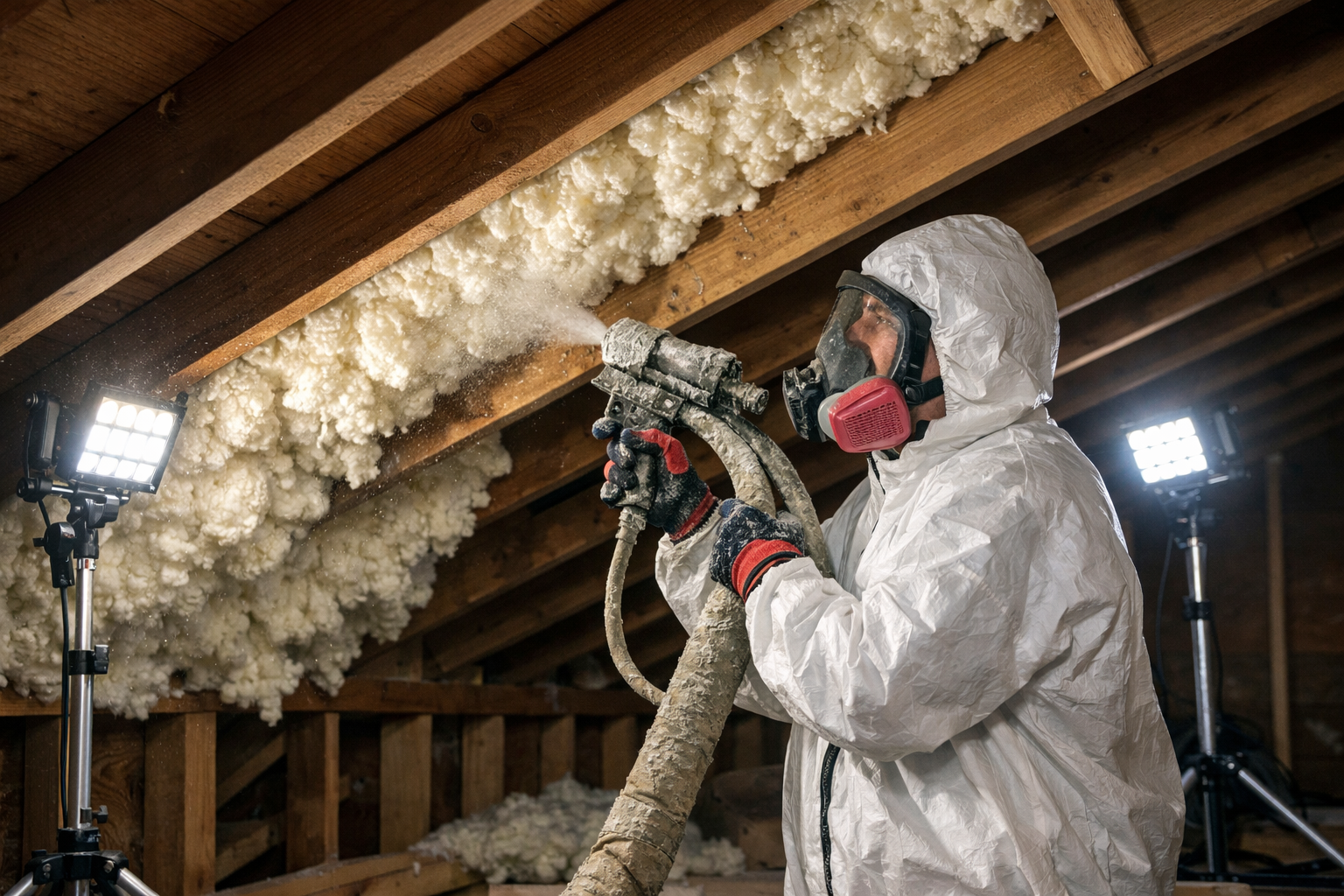 Spray foam insulation products being applied to an attic roof deck in Toronto