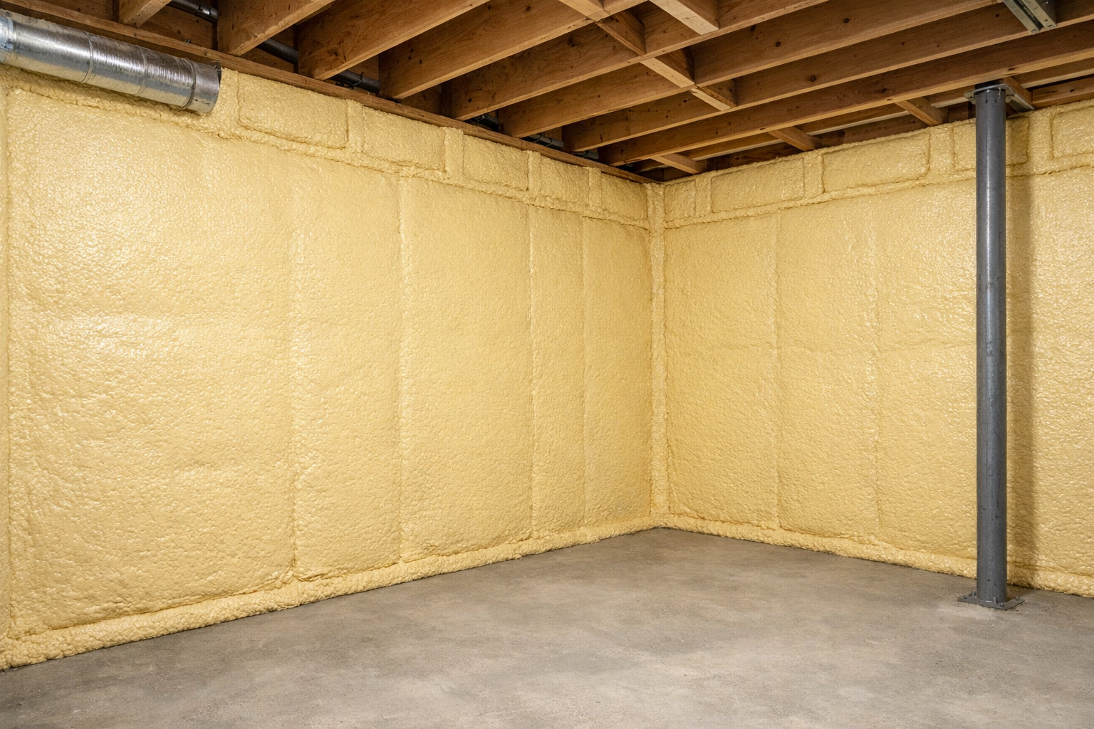 Spray foam insulation applied to basement walls in a Toronto home for energy efficiency